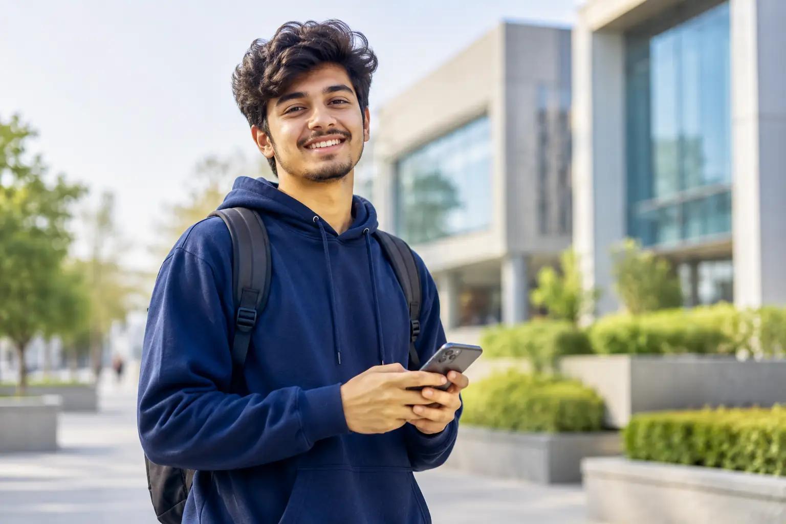 Smiling student with a backpack on a campus