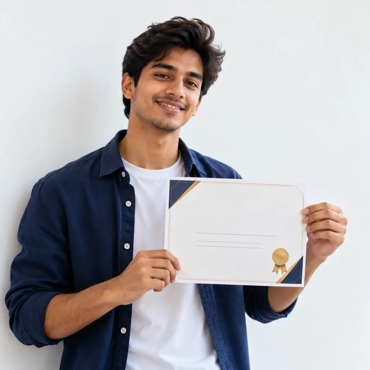 Smiling person holding a blank certificate