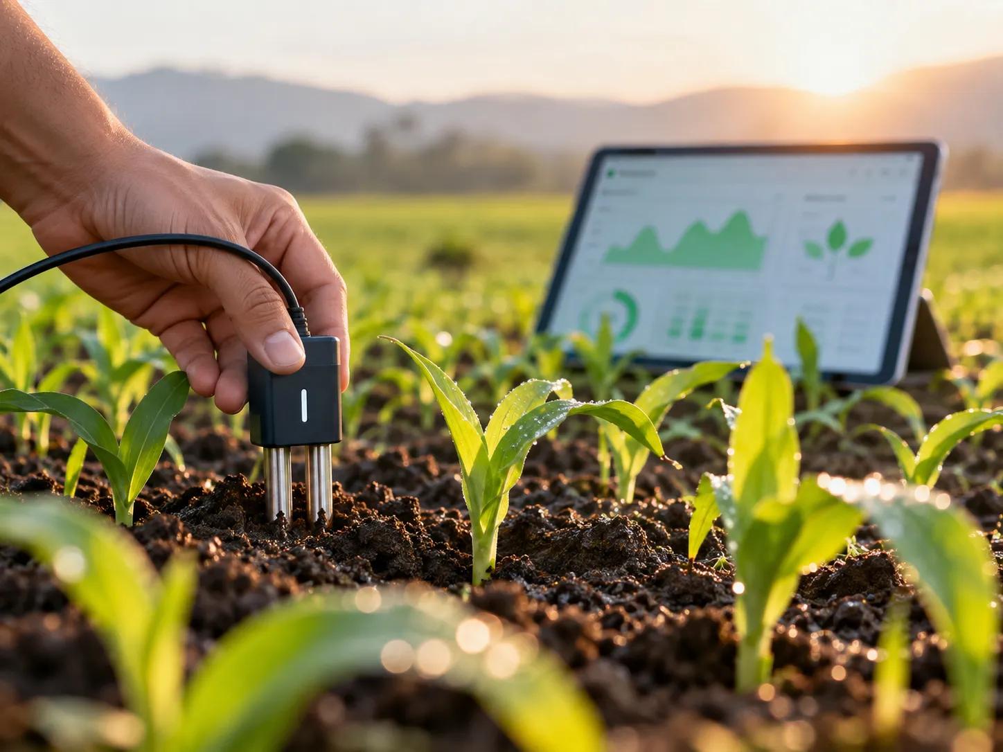 Person using a tablet in a farm field at sunset